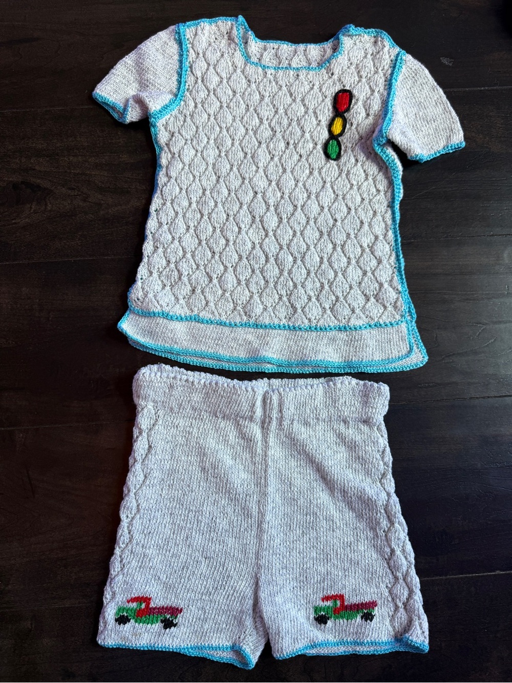 Handmade Kids cotton Knit shorts Set with Turquoise Trim